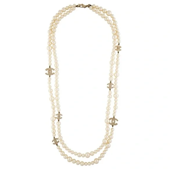 Chanel Faux Pearl & Strass CC Double Strand Rhinestone Logo Long Necklace - Picture 11 of 11